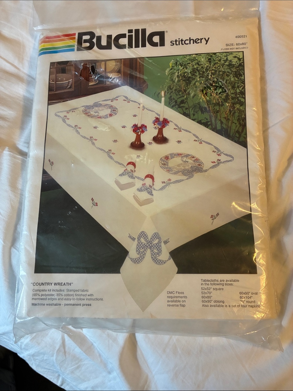 Bucilla Cream Tablecloth Pattern with Goose Blue Ribbon and Red Wreaths kit